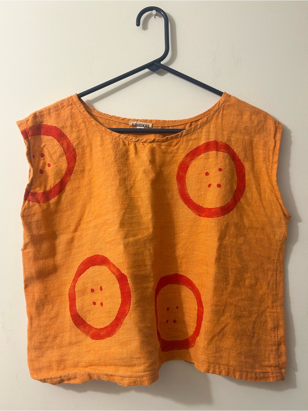 Beemo Textiles Bright Orange Sleeveless Linen Top with Red Circle Print